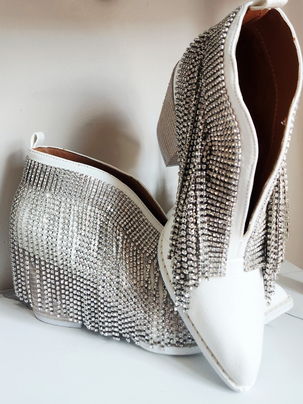 BEAST FASHION White Crystal Fringe Pointed Ankle Booties